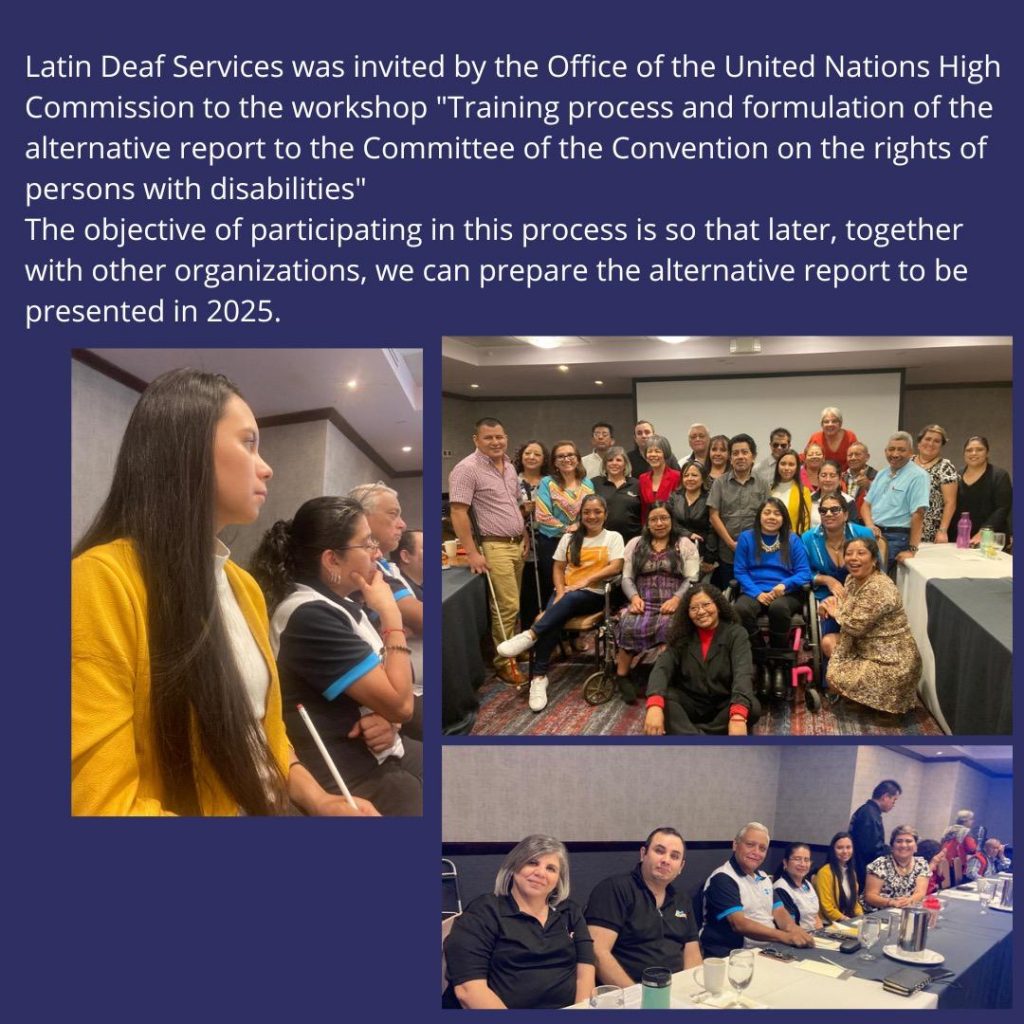 Latin Deaf Services Inc was invited by the Office of the United Nations High Commission to the workshop "Training process and formulation of the alternative Report to the Committee of the Convention on the rights of persons with disabilities."
The objective of participating in this process is so that later, together with  other organizations, we can prepare the Alternative Report to be presented in 2025.